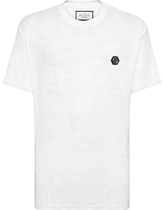 T-shirt Round Neck Ss With Hexagon Pattern Jacquarded All-over And Rib Knit Neckline