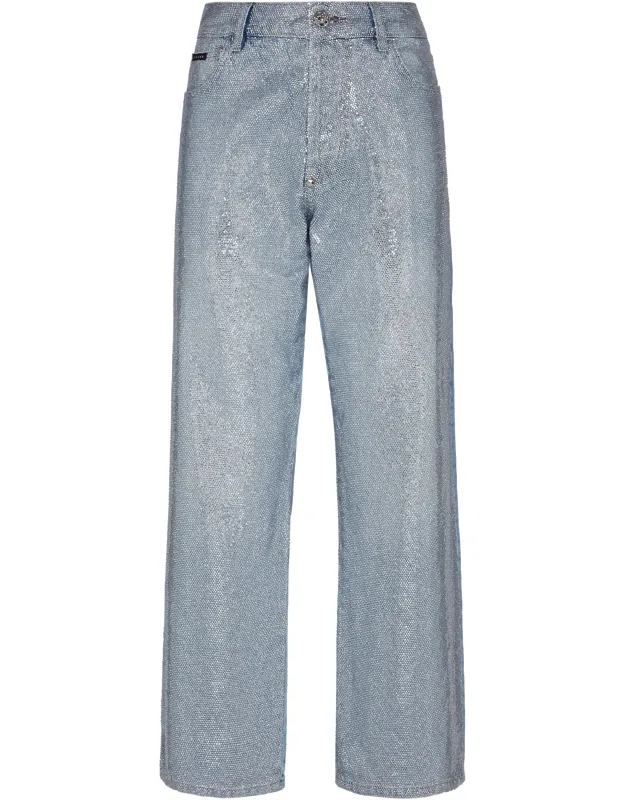 Denim Trousers High Rise Fit Full Crystal