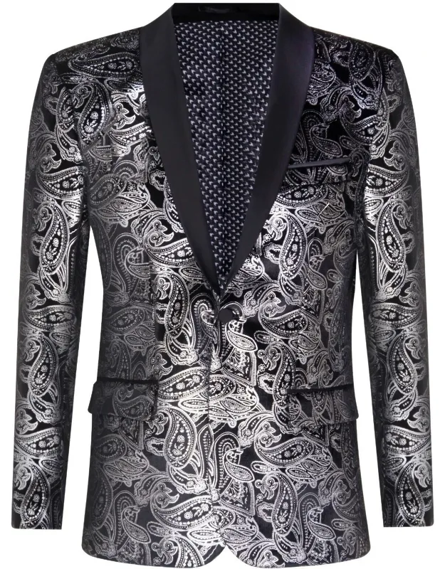 Classic Silver Paisley Black Velvet Tuxedo Dinner Jacket Tailored Blazer