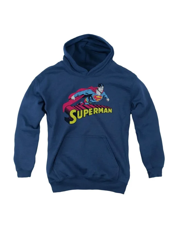Superman Flying Over Youth Pull Over Hoodie - Stylish For Everyday Wear, 50% Cotton And 50% Polyester