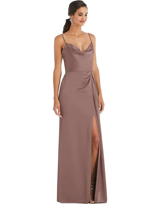 Cowl-neck Draped Wrap Maxi Dress With Front Slit