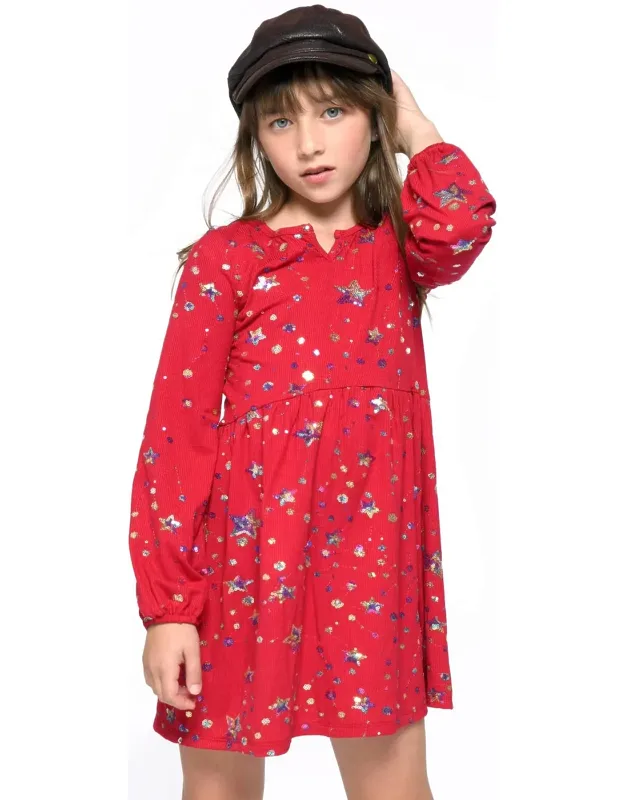 Tween Sequined Star Babydoll Ribbed Dress