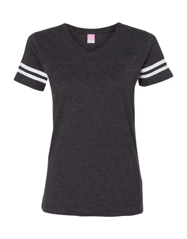 Lat V-neck Fine Jersey Tee With Ribbed Collar And Contrast Stripes