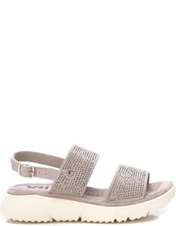 _flat Suede Sandals With Decorative Mini Stones And Buckle Closure_