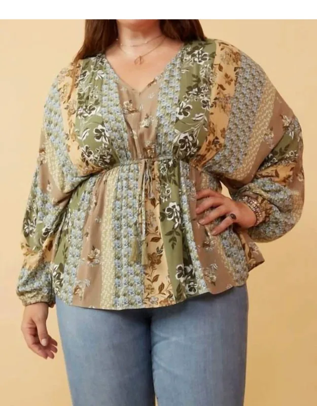 Mixed Print Block Dolman Peplum Top
