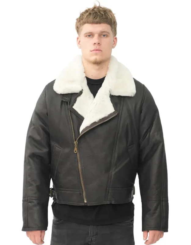 Haverhill Sheepskin Leather Bomber Jacket - Thick Lining, Off Centred Ykk Zip