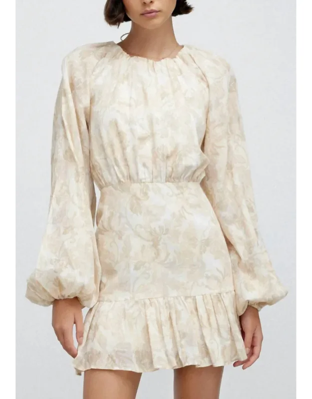 Mini Dress In Stencil Floral With Full Length Sleeves And Plunging Backline