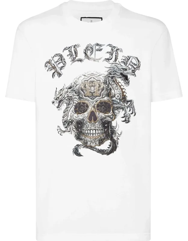 T-shirt Round Neck Ss Stones Skull With Rhinestones And Rib Knit Neckline
