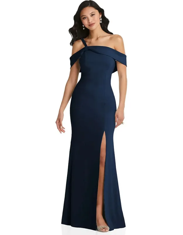 One-shoulder Draped Cuff Maxi Dress With Front Slit