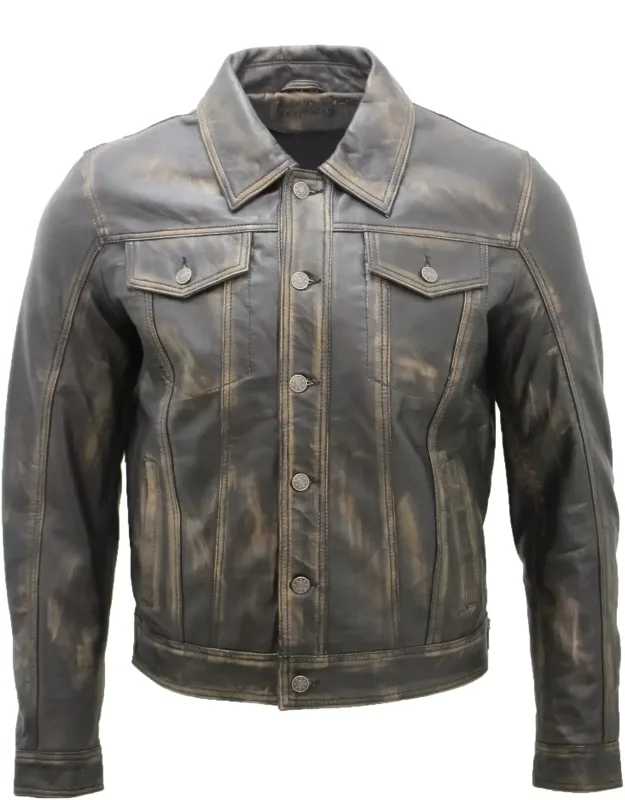 Trucker Slim Fit Leather Shirt Jeans Jacket, Soft Nappa Lambskin, Adjustable Waistband And Cuffs