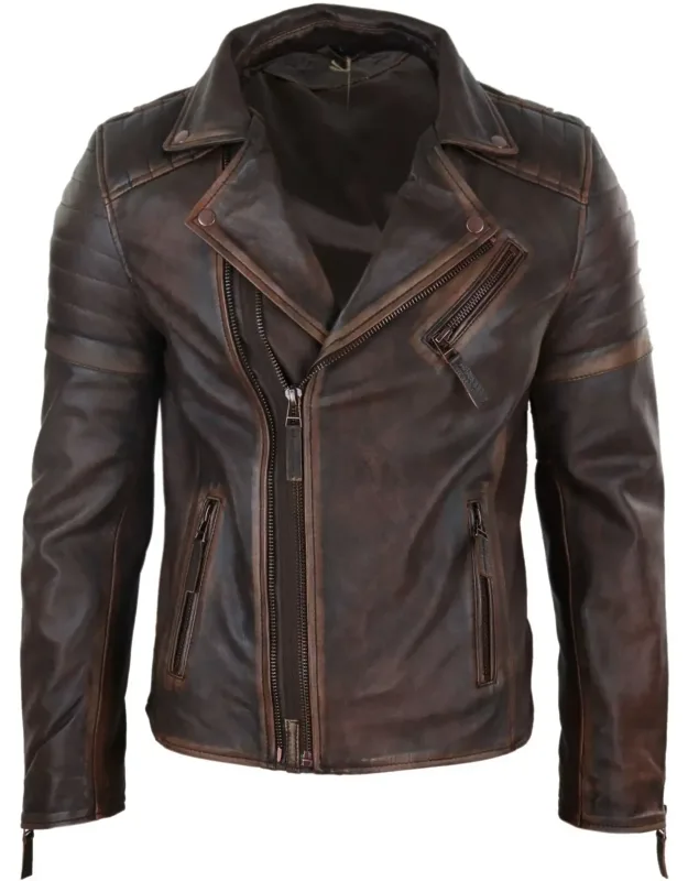 Slim Cross Zip Brando Real Leather Jacket With Double Front Zip Style And Front Pockets