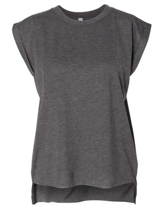 Flowy Rolled Cuffs Muscle Tee, Relaxed Fit, Hi-low Raw Bottom Hem