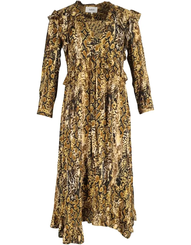 Snake Print Ruffled Midi Dress
