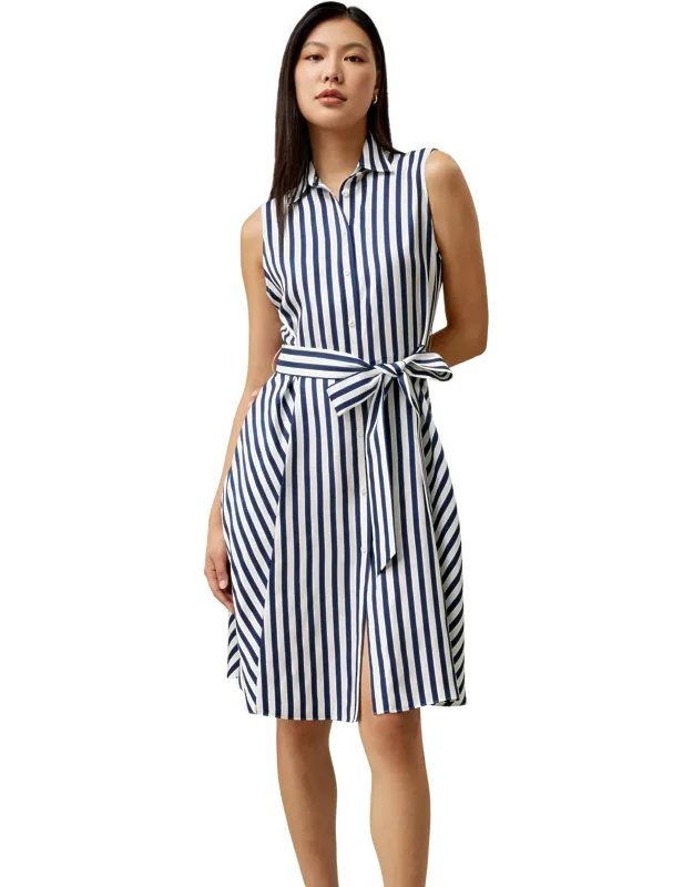 Silk Striped Dress With Waist Belt And Pockets