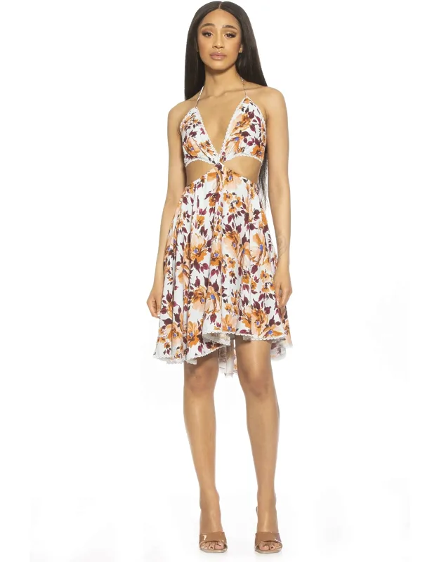 Ali Halter Dress With Lace Trim And Back Tassel Tie