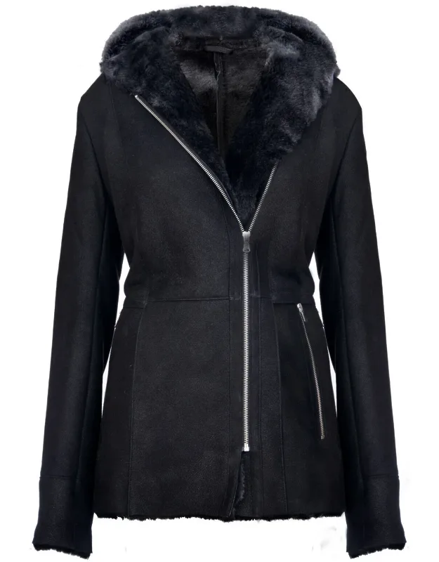 Black Hooded Merino Sheepskin Jacket-mandalay With Luxurious Sheepskin Collar And Hood