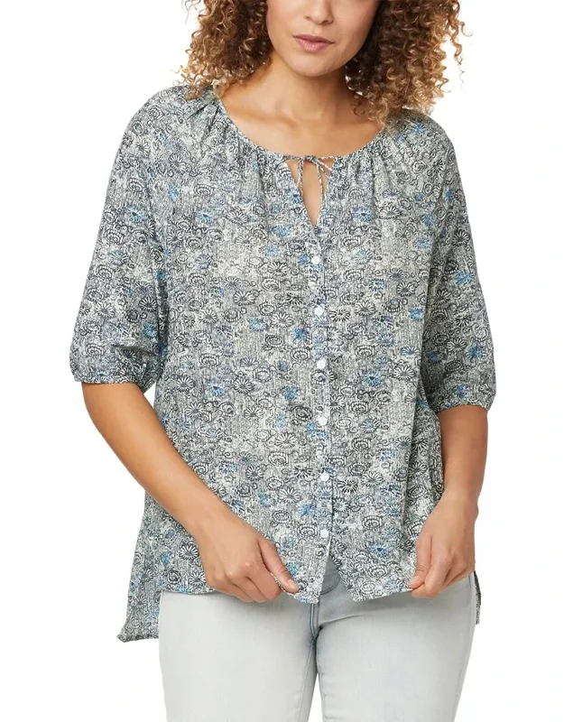 Button Down Silk-blend Peasant Blouse