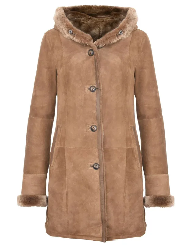 Suede Merino Sheepskin Parka Coat-richmond, Thick Woollen Lining, Buttoned Closure