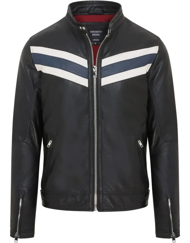 Caf Racer Biker Leather Jacket - Aniak With Bold Stripes And Two External Zipped Pockets