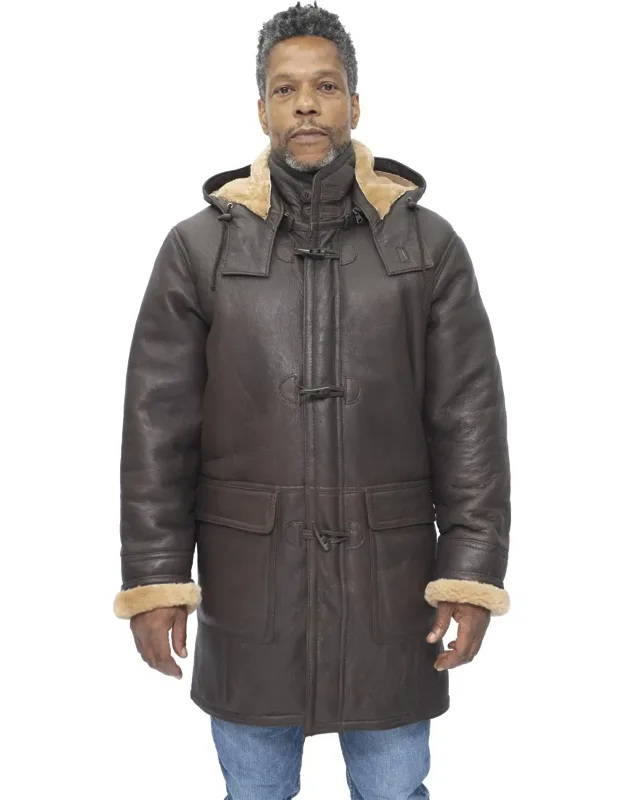 Sheepskin Leather Hooded Duffle Coat With Thick Lining And Deep Flap Pockets