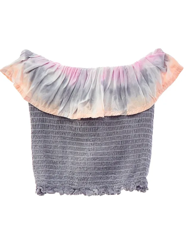 Smocked Top With Ruffle Neckline And Unique Tie-dye Pattern