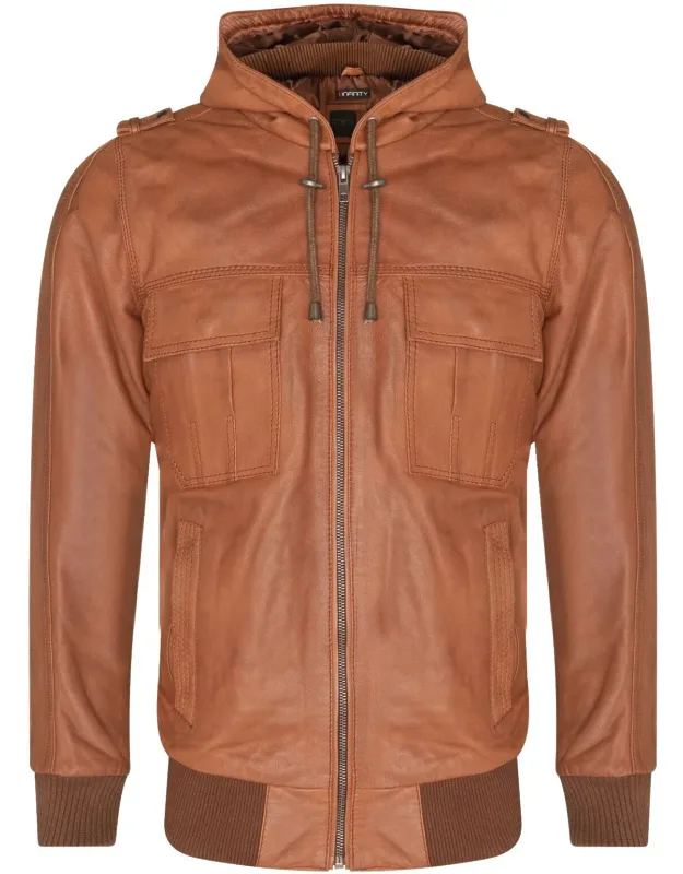 Leather Hooded Bomber Jacket
