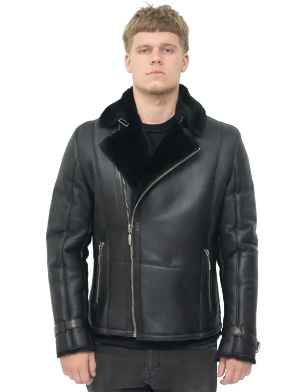 Double Breasted Sheepskin Leather Biker Jacket-heathfield With Adjustable Cuffs And Warm Lining
