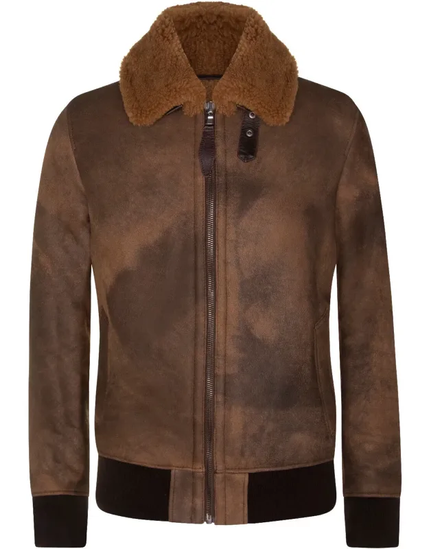"antique Sheepskin Bomber Jacket-algorta With Two Handwarmer Pockets And Shirt-style Collar"
