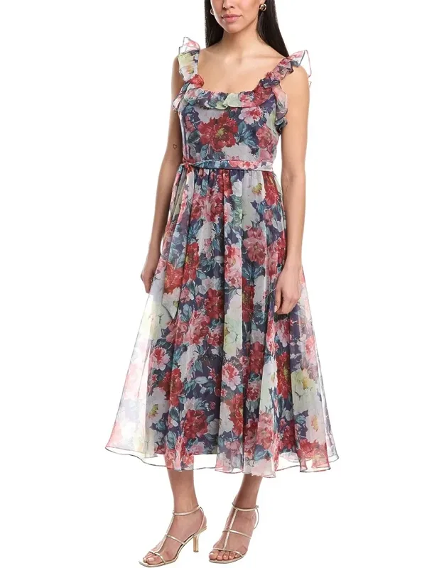 Mikael Aghal Midi Dress With Flutter Sleeves And Square Neck