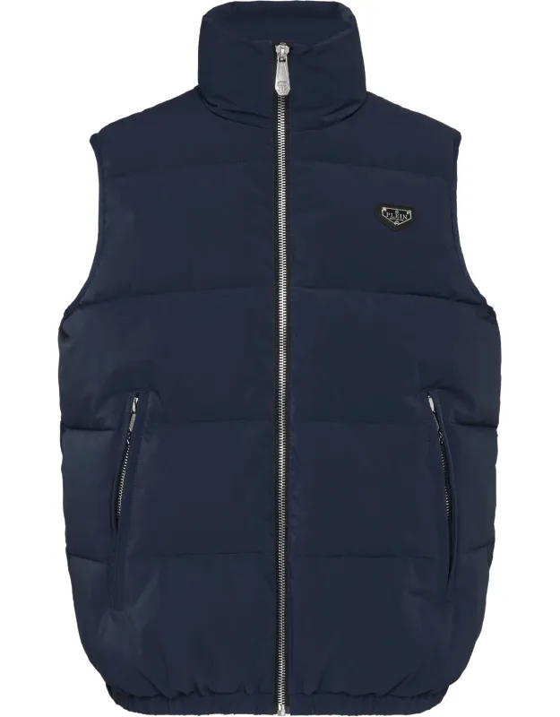 Nylon Down Jacket Vest With High Collar And Zippered Pockets
