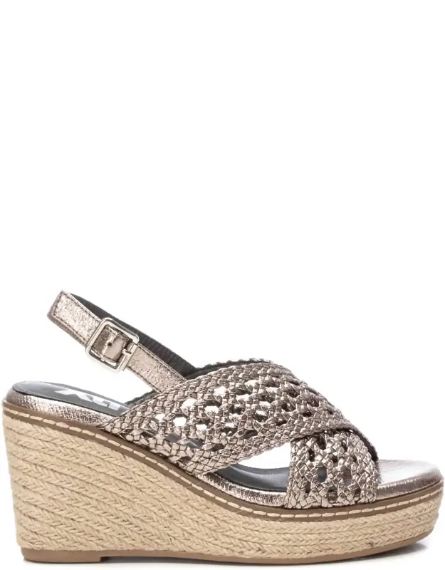 Wedge Sandals In Plumb With Metallic Finish And Jute Wedge Heel
