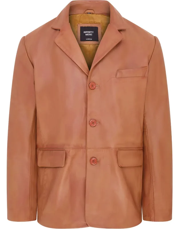 3 Button Italian Leather Blazer Jacket