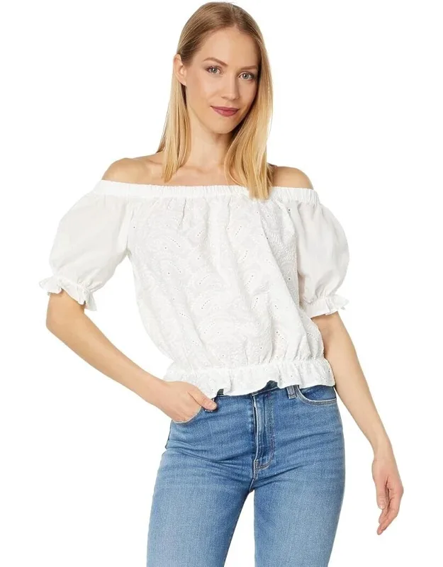 Top, Eyelet Embroidered Off The Shoulder Cropped