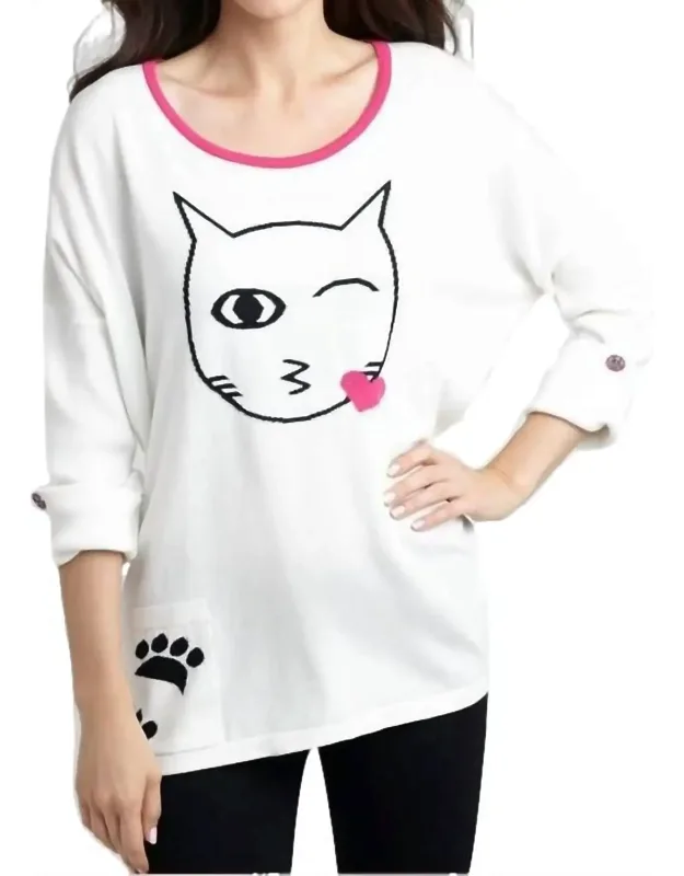 Cat Kiss Graphic Sweater With Scoop Neck And Pullover Styling
