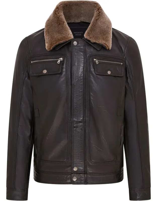 Trucker Shirt Leather Jacket - Tornio With Pointed Sheepskin Collar And Flap Pockets