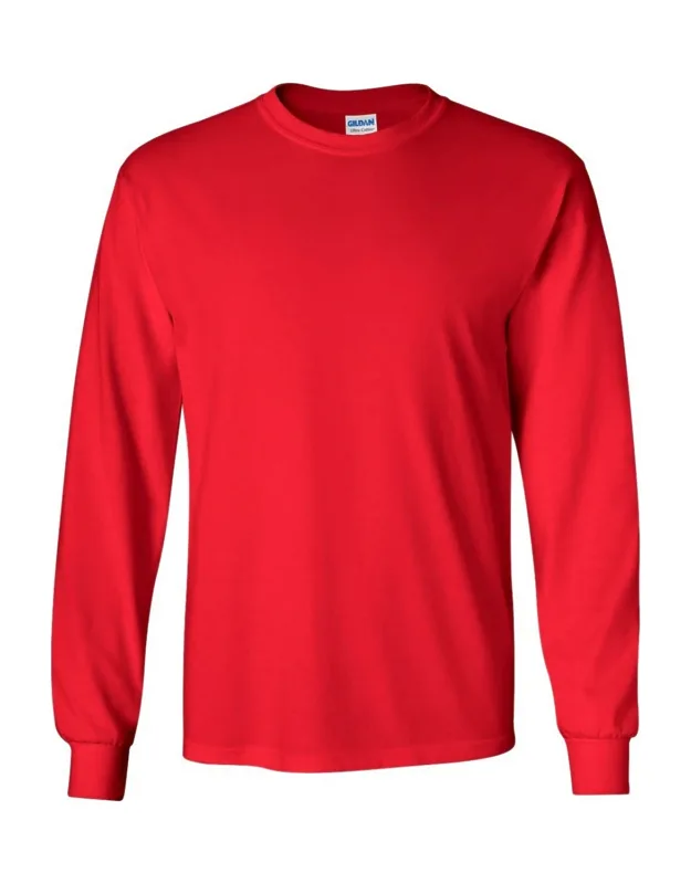 Gildan Plain Crew Neck Ultra Cotton Long Sleeve T-shirt With Seamless Collar And Double Needle Topstitched Neckline