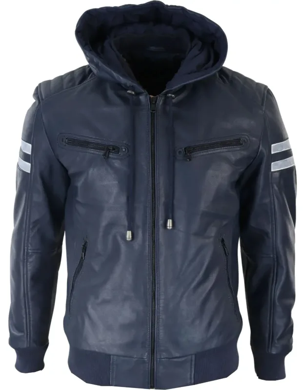 Hood Leather Bomber Jacket With Striped Sleeves & Zipped Pockets