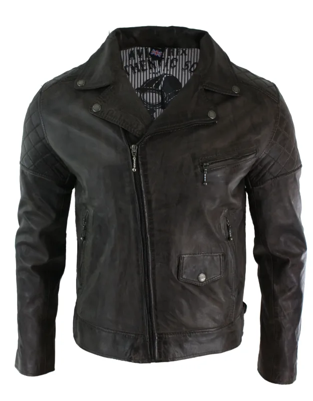 Vintage Leather Biker Jacket With Diamond Quilt Design And Adjustable Belted Buckle