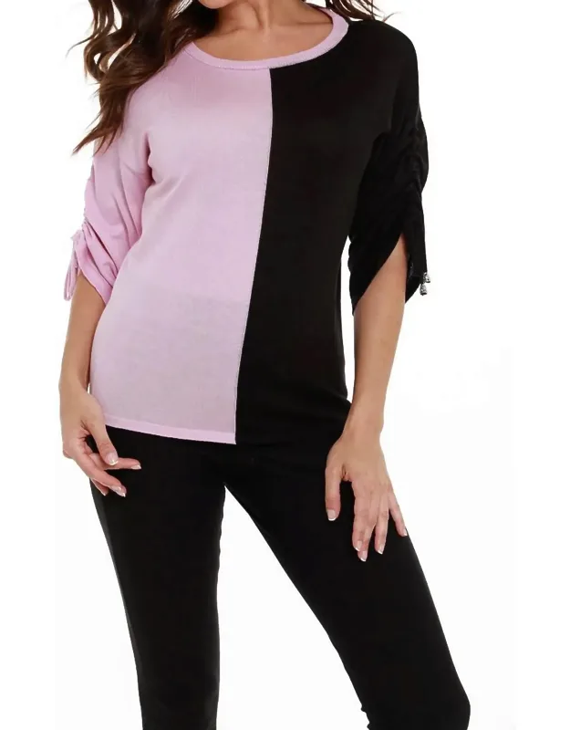 Two Tone Gathered Sleeve Top - Pullover, Hits At Hip