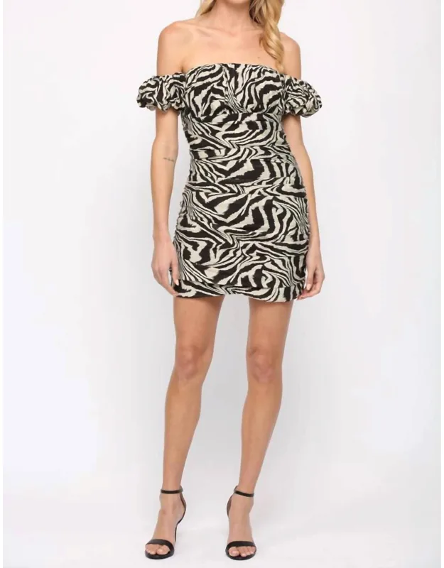 Off The Shoulder Ruched Dress In Zebra Print