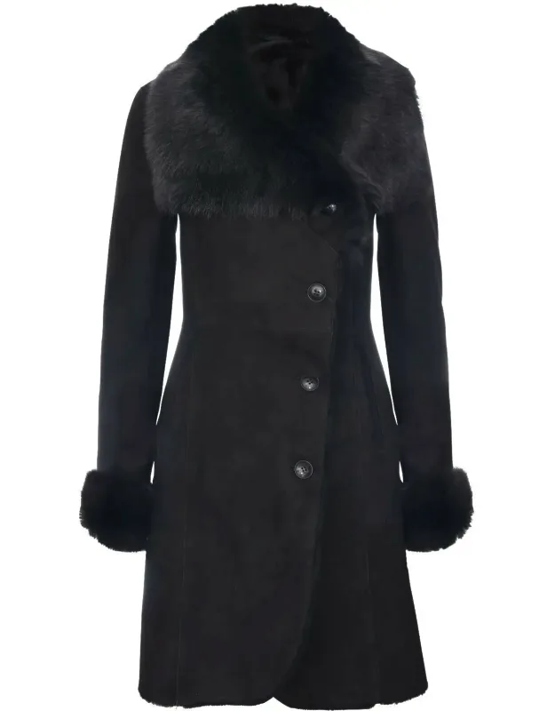Suede Merino Shearling Coat With Toscana Collar-rochford, Double Breasted, Thick Woollen Lining