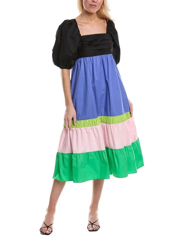 Emerson Midi Dress With Ruched Bodice And Puff Sleeves