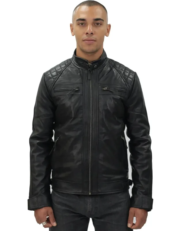 Vintage Leather Quilted Biker Jacket With Adjustable Waist And Zip Pockets