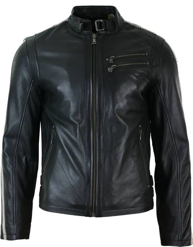 Leather Biker Racing Jacket With Striped Sleeves