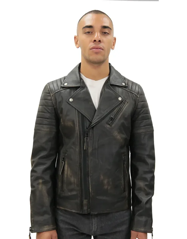 Brando Double Cross Zip Leather Biker Jacket With Double Zip And Ribbed Detailing