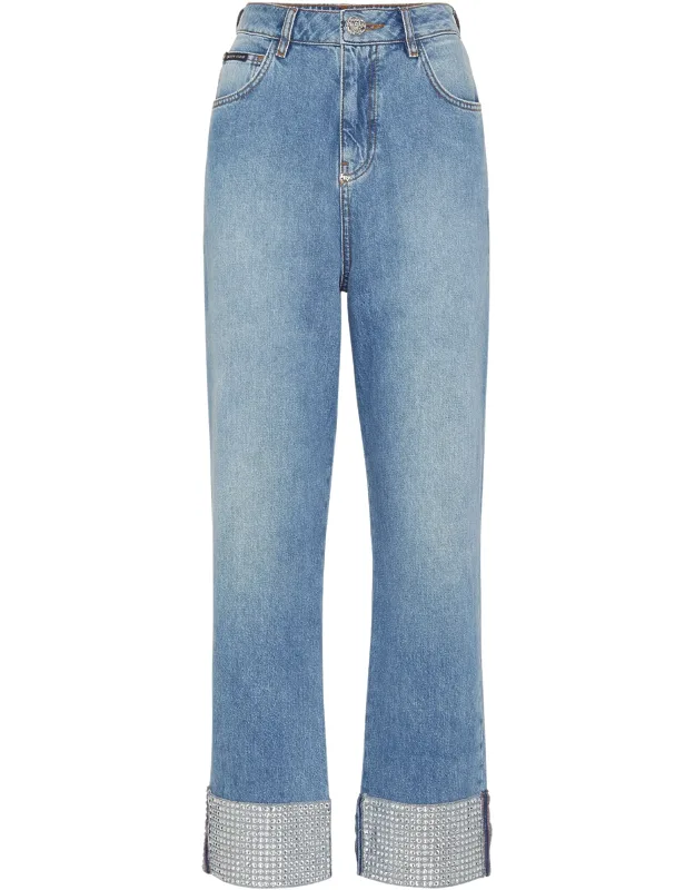 Denim Trousers Strass Loose Fit Heart With Bejewelled Leg Hem And Single Metal Button