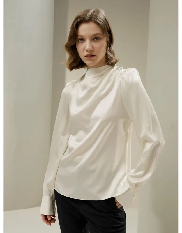 Asymmetrical Silk Blouse With Puff Sleeves