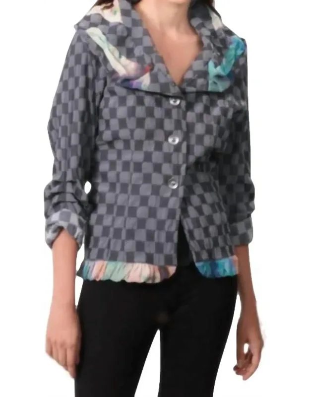 Checkerboard Ruffled Cardigan With Button-front Closure And Shawl Collar
