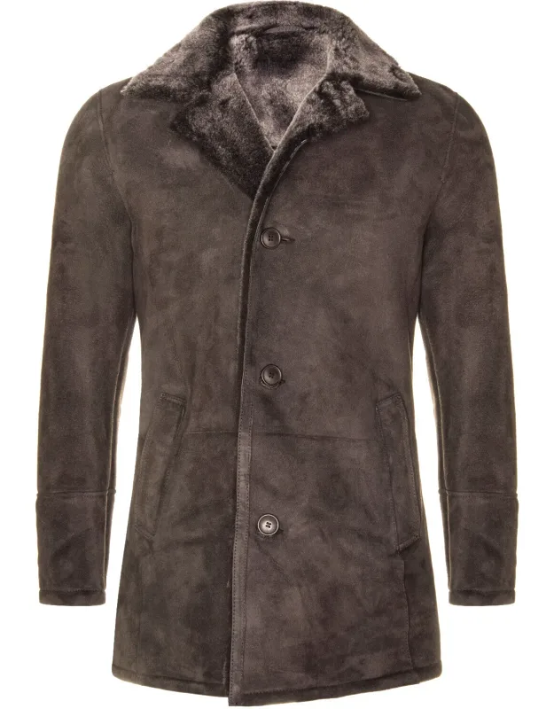 "sheepskin Classic Car Coat - Four-button Closure, Hand Warmer Pockets"