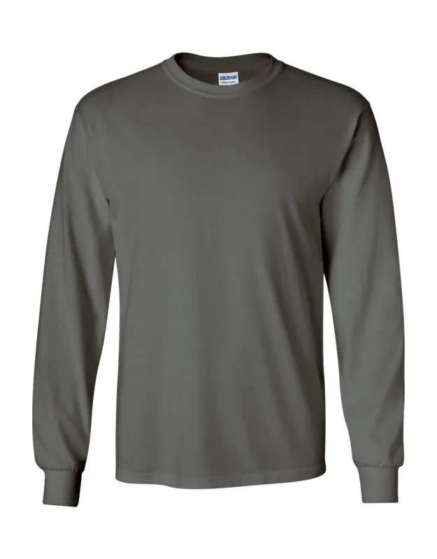 Gildan Plain Crew Neck Ultra Cotton Long Sleeve T-shirt With Seamless Collar And Double Needle Topstitched Neckline